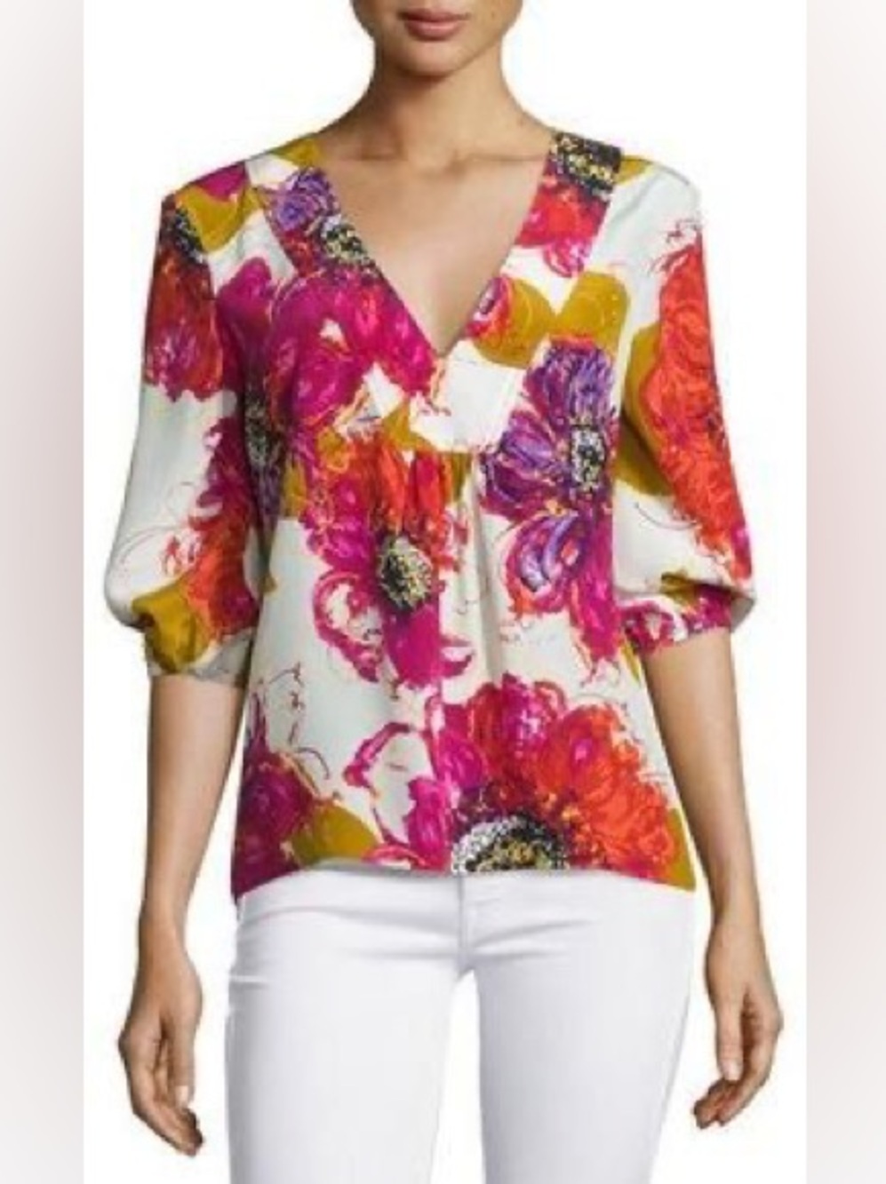 Trina Turk Floral V-Neck Silk Blouse